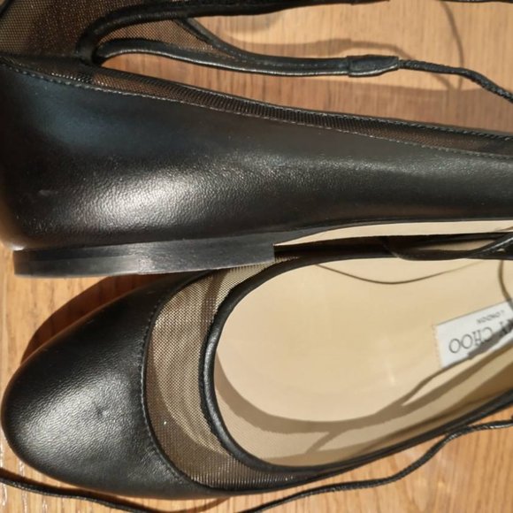Black Leather JIMMY CHOO Tyler Mesh Ballet Ankle Tie Flats-39 - Picture 9 of 9